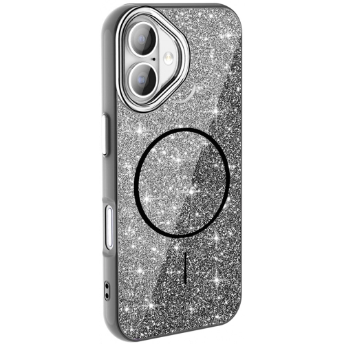 Apple iPhone 16 Plus (6.7) Kılıf Magsafe Şarj Özellikli Parlayan Simli Silikon Okso Kapak - Siyah