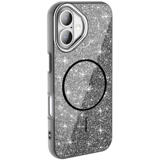 Apple iPhone 16 Plus (6.7) Kılıf Magsafe Şarj Özellikli Parlayan Simli Silikon Okso Kapak - Siyah