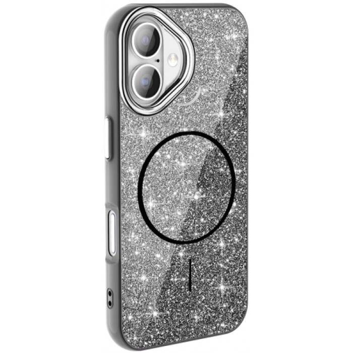 Apple iPhone 16 Plus (6.7) Kılıf Magsafe Şarj Özellikli Parlayan Simli Silikon Okso Kapak - Siyah