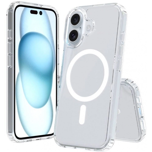 Apple iPhone 16 Plus (6.7) Kılıf Magsafe Şarj Özellikli Şeffaf Sert PC Embos Kapak - Şeffaf