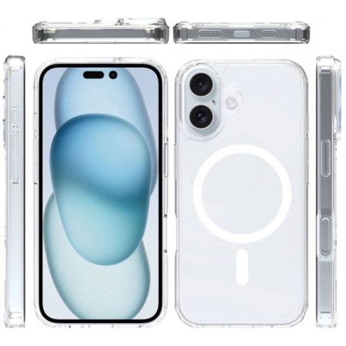 Apple iPhone 16 Plus (6.7) Kılıf Magsafe Şarj Özellikli Şeffaf Sert PC Embos Kapak - Şeffaf