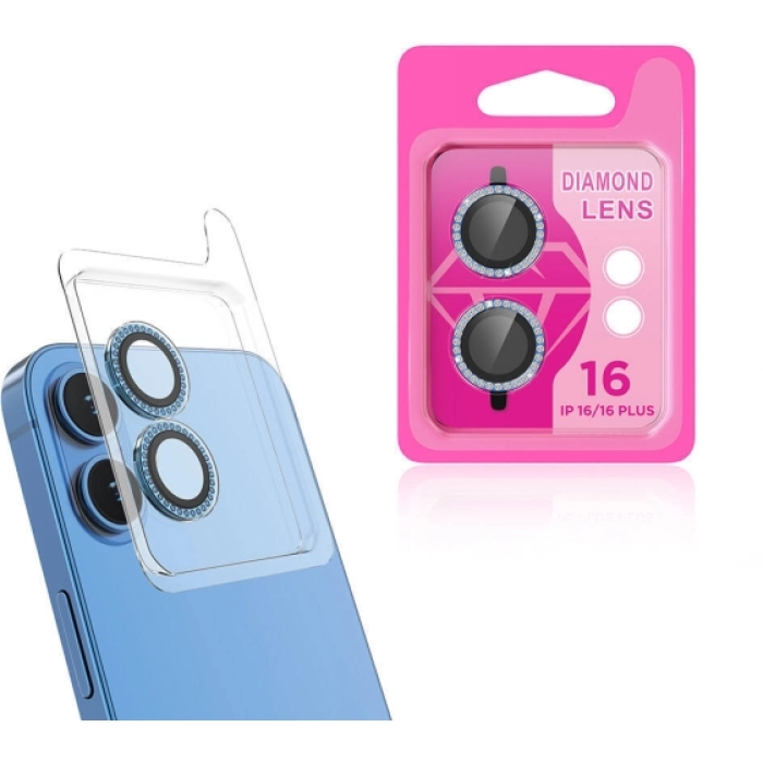 Apple iPhone 16 Plus (6.7) Lens Kamera Koruyucu Taşlı Parmak İzi Bırakmaz CL-06 - Mavi Açık