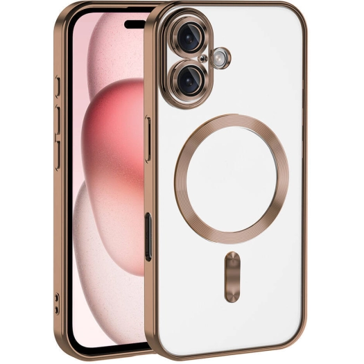 Apple iPhone 16 Plus (6.7) Kılıf Kamera Korumalı Şeffaf Magsafe Wireless Şarj Özellikli Demre Kapak - Bej Gold