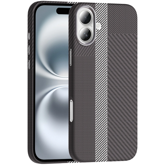 Apple iPhone 16 Plus (6.7) ile Uyumlu Kılıf MagSafe Şarj Özellikli Karbon Fiber Görünümlü Gros Kapak - Gri-Siyah