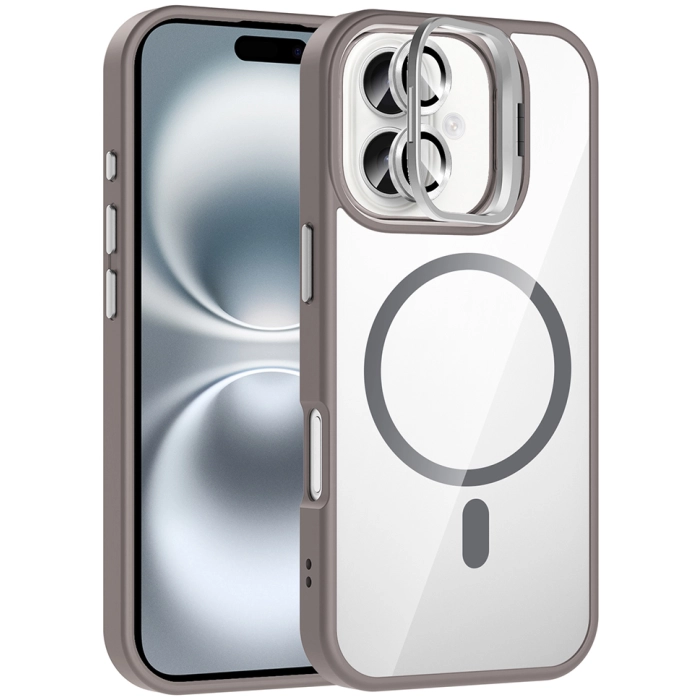 Apple iPhone 16 Plus (6.7) Kılıf Standlı ve Kamera Lens Hediyeli M-Safe Şarj Özellikli Etro Kapak - Gri