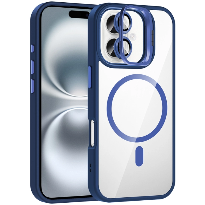 Apple iPhone 16 Plus (6.7) Kılıf Standlı ve Kamera Lens Hediyeli M-Safe Şarj Özellikli Etro Kapak - Lacivert