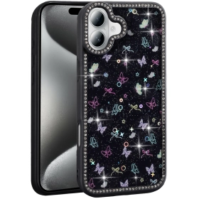 Apple iPhone 16 Plus (6.7) Kılıf Taşlı ve Simli Tasarım Lux Işıltılı Azra Kapak - Siyah