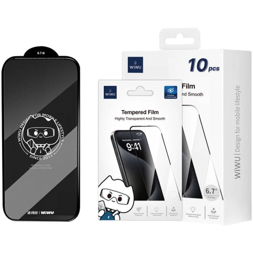 Apple iPhone 16 Plus Wiwu GT-008 Polimer Oleofobik Kaplama Şeffaf Pürüzsüz Temperli Cam Ekran Koruyucu 10'lu Paket - Siyah