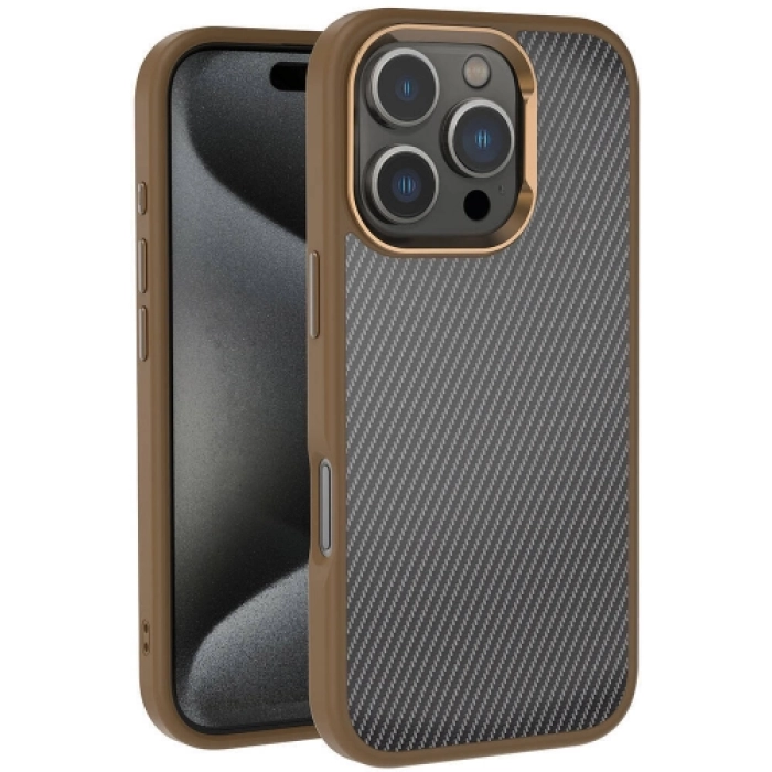 Apple iPhone 16 Pro (6.3) Kılıf Karbon Fiber Görünümlü Parlak Kamera Çerçeveli Venus Kapak - Rose Brown