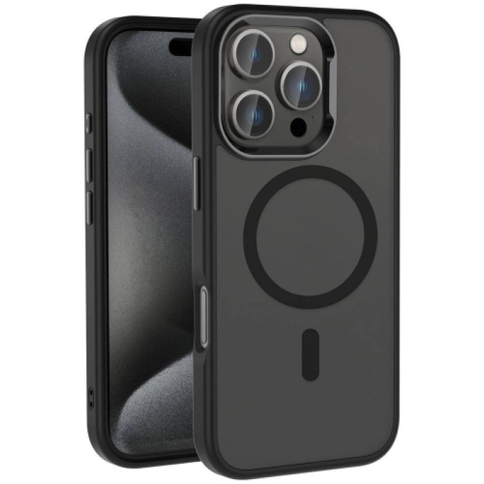 Apple iPhone 16 Pro (6.3)  Kılıf Magsafe Şarj Özellikli Parlak Kamera Çerçeveli Zore Kost Kapak - Siyah