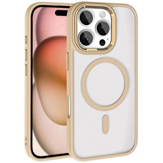 Apple iPhone 16 Pro (6.3) Kılıf Wireless Şarj Özellikli Zore Krom Magsafe Silikon Kapak - Gold