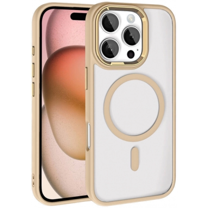 Apple iPhone 16 Pro (6.3) Kılıf Wireless Şarj Özellikli Zore Krom Magsafe Silikon Kapak - Gold