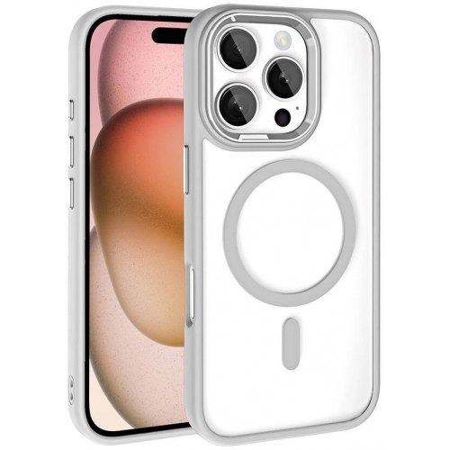 Apple iPhone 16 Pro (6.3) Kılıf Wireless Şarj Özellikli Zore Krom Magsafe Silikon Kapak - Gümüş