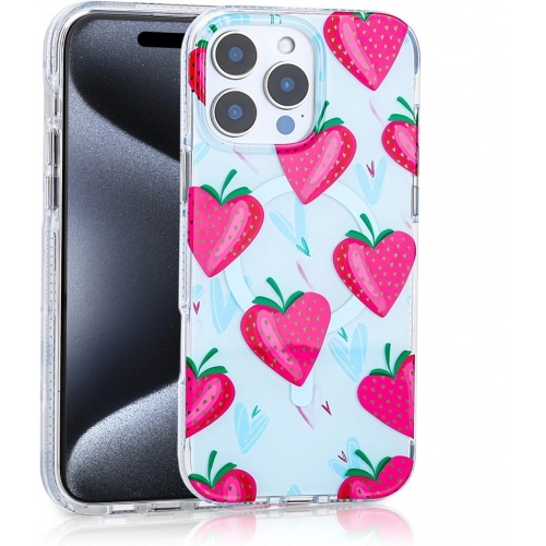 Apple iPhone 16 Pro (6.3) Kılıf Magsafe Kablosuz Şarj Özellikli Desenli Silikon TPU+PC Stilo Kapak - Pembe-Mavi