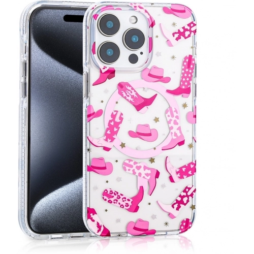 Apple iPhone 16 Pro (6.3) Kılıf Magsafe Kablosuz Şarj Özellikli Desenli Silikon TPU+PC Stilo Kapak - Pembe-Mavi