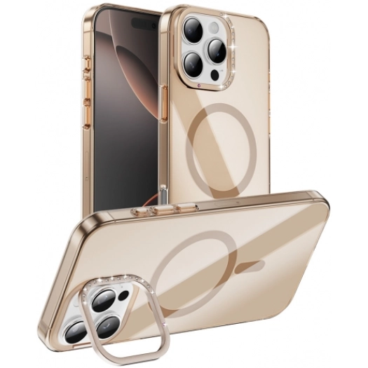 Apple iPhone 16 Pro (6.3) Kılıf Magsafe Şarj Özellikli Lüks Kamera Standlı Estop Kapak - Gold