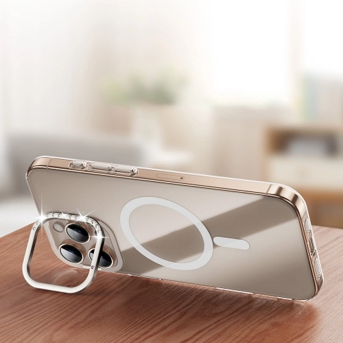 Apple iPhone 16 Pro (6.3) Kılıf Magsafe Şarj Özellikli Lüks Kamera Standlı Estop Kapak - Gold