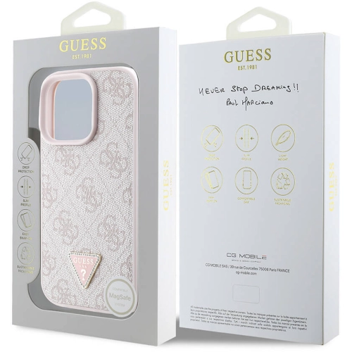 Apple iPhone 16 Pro (6.3) Kılıf Guess Orjinal Lisanslı Magsafe Şarj Özellikli PU Deri 4G Desenli Taşlı Üçgen Logolu Kapak - Pembe