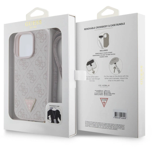 Apple iPhone 16 Pro (6.3) Kılıf Guess Orjinal Lisanslı PU Deri Taşlı Metal Üçgen Logolu Çapraz Vücut Askılı 4G Desenli Kapak - Siyah