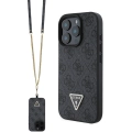 Apple iPhone 16 Pro (6.3) Kılıf Guess Orjinal Lisanslı PU Deri Taşlı Metal Üçgen Logolu Çapraz Vücut Askılı 4G Desenli Kapak - Siyah