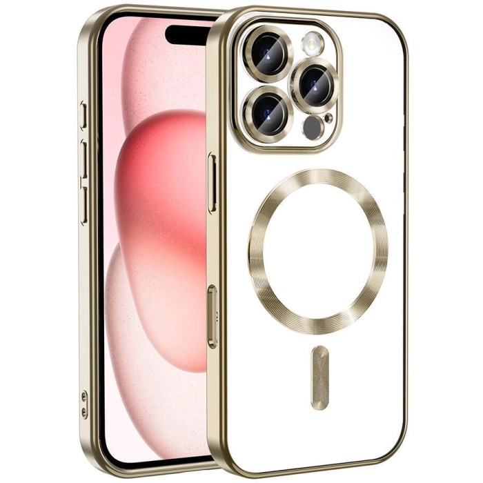 Apple iPhone 16 Pro (6.3) Kılıf Kamera Korumalı Şeffaf Magsafe Wireless Şarj Özellikli Demre Kapak - Gold