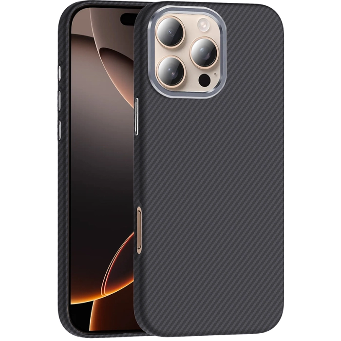 Apple iPhone 16 Pro (6.3) ile Uyumlu Kılıf MagSafe Şarj Özellikli Karbon Fiber Görünümlü Gros Kapak - Siyah