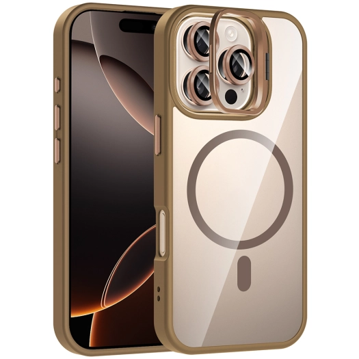 Apple iPhone 16 Pro (6.3) Kılıf Standlı ve Kamera Lens Hediyeli M-Safe Şarj Özellikli Etro Kapak - Desert Titanyum