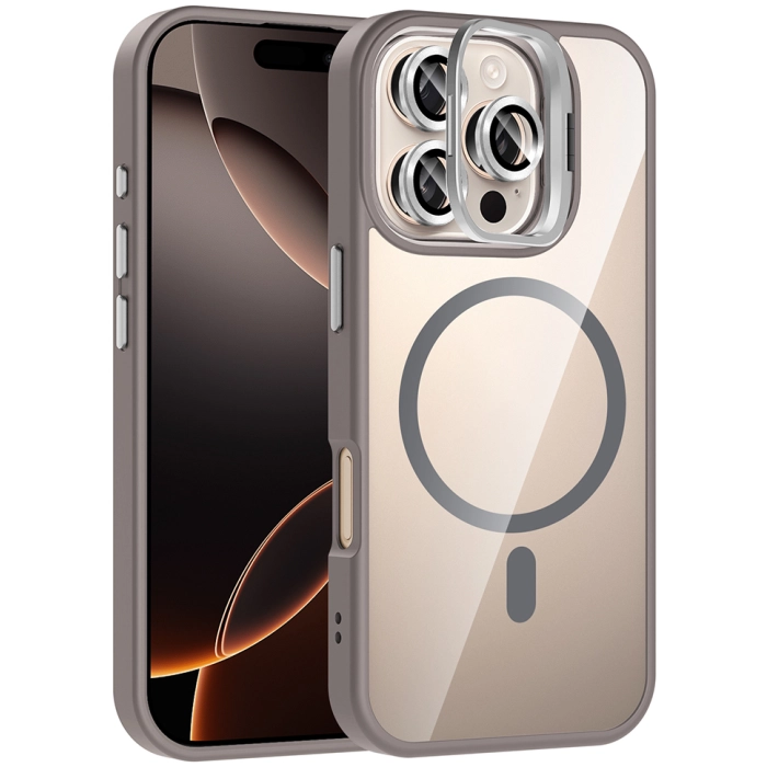 Apple iPhone 16 Pro (6.3) Kılıf Standlı ve Kamera Lens Hediyeli M-Safe Şarj Özellikli Etro Kapak - Gri