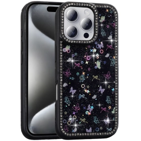 Apple iPhone 16 Pro (6.3) Kılıf Taşlı ve Simli Tasarım Lux Işıltılı Azra Kapak - Siyah