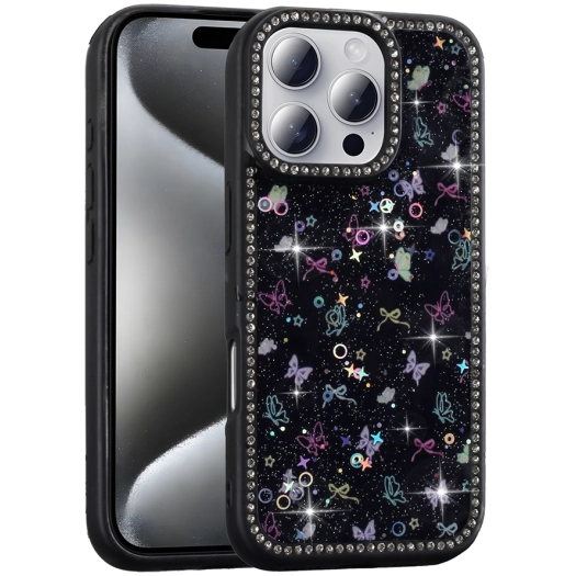 Apple iPhone 16 Pro (6.3) Kılıf Taşlı ve Simli Tasarım Lux Işıltılı Azra Kapak - Siyah