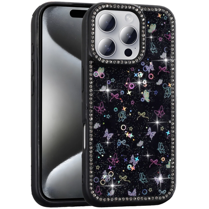 Apple iPhone 16 Pro (6.3) Kılıf Taşlı ve Simli Tasarım Lux Işıltılı Azra Kapak - Siyah