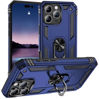 Apple iPhone 16 Pro (6.3) Kılıf Silikon Zırhlı Standlı Yüzüklü Mıknatıslı Tank Kapak - Mavi