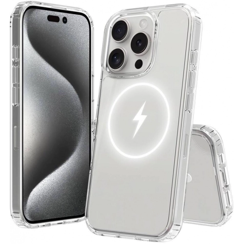 Apple iPhone 16 Pro Max (6.9) Kılıf Magsafe Şarj Özellikli Şeffaf Sert PC Embos Kapak - Şeffaf