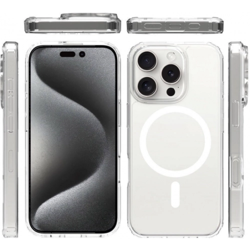 Apple iPhone 16 Pro Max (6.9) Kılıf Magsafe Şarj Özellikli Şeffaf Sert PC Embos Kapak - Şeffaf