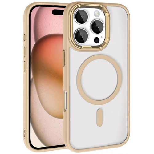 Apple iPhone 16 Pro Max (6.9) Kılıf Wireless Şarj Özellikli Zore Krom Magsafe Silikon Kapak - Gold