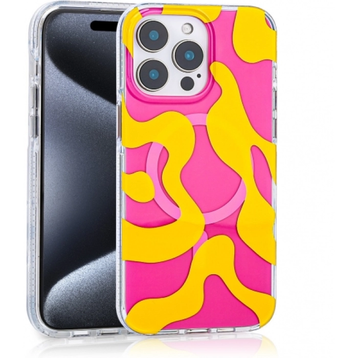 Apple iPhone 16 Pro Max (6.9) Kılıf Magsafe Kablosuz Şarj Özellikli Desenli Silikon TPU+PC Stilo Kapak - Sarı