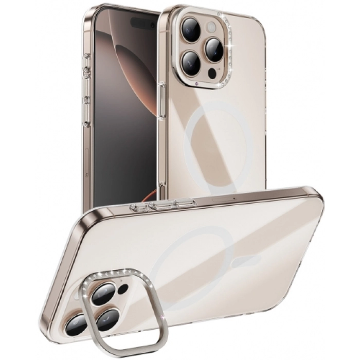 Apple iPhone 16 Pro Max (6.9) Kılıf Magsafe Şarj Özellikli Lüks Kamera Standlı Estop Kapak - Şeffaf