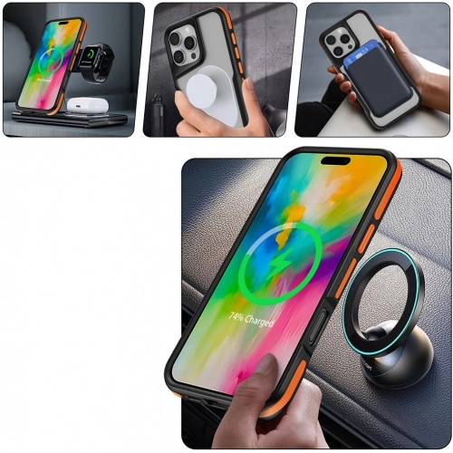 Apple iPhone 16 Pro Max (6.9) Kılıf Magsafe Şarj Özellikli Renkli Kenar Airbag Şeritli Lamer TPU MagSafe Kapak - Siyah