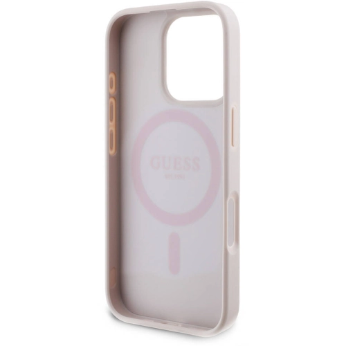 Apple iPhone 16 Pro Max (6.9) Kılıf Guess Orjinal Lisanslı Magsafe Şarj Özellikli PU Deri 4G Desenli Taşlı Üçgen Logolu Kapak - Pembe