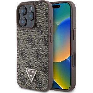 Apple iPhone 16 Pro Max (6.9) Kılıf Guess Orjinal Lisanslı Magsafe Şarj Özellikli PU Deri 4G Desenli Taşlı Üçgen Logolu Kapak - Kahverengi