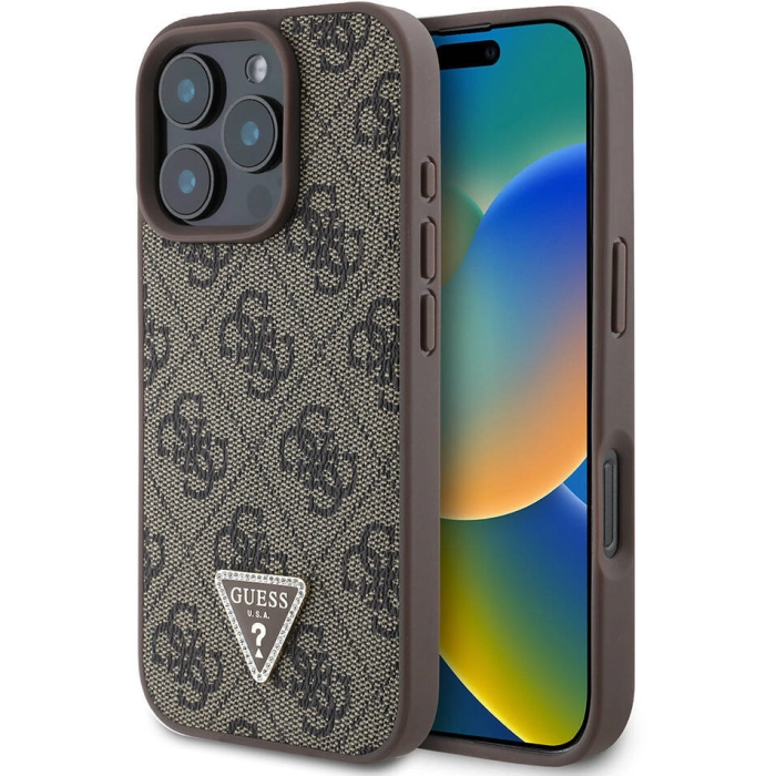 Apple iPhone 16 Pro Max (6.9) Kılıf Guess Orjinal Lisanslı Magsafe Şarj Özellikli PU Deri 4G Desenli Taşlı Üçgen Logolu Kapak - Kahverengi