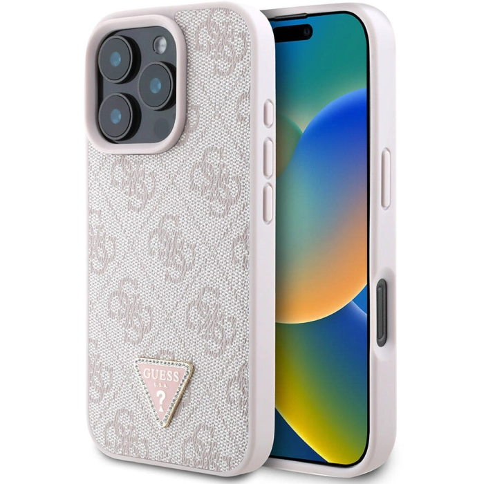 Apple iPhone 16 Pro Max (6.9) Kılıf Guess Orjinal Lisanslı Magsafe Şarj Özellikli PU Deri 4G Desenli Taşlı Üçgen Logolu Kapak - Pembe