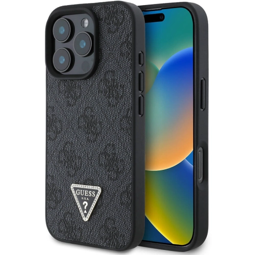 Apple iPhone 16 Pro Max (6.9) Kılıf Guess Orjinal Lisanslı Magsafe Şarj Özellikli PU Deri 4G Desenli Taşlı Üçgen Logolu Kapak - Siyah