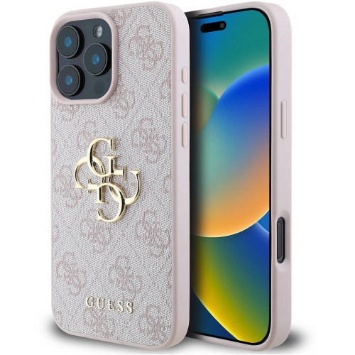 Apple iPhone 16 Pro Max (6.9) Kılıf Guess Orjinal Lisanslı PU Deri 4G Desenli Metal Büyük 4G ve Yazı Logolu Kapak - Pembe