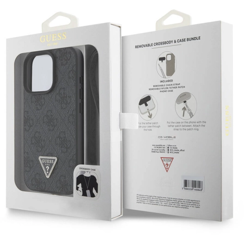 Apple iPhone 16 Pro Max (6.9) Kılıf Guess Orjinal Lisanslı PU Deri Taşlı Metal Üçgen Logolu Çapraz Vücut Askılı 4G Desenli Kapak - Siyah