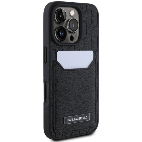 Apple iPhone 16 Pro Max (6.9) Kılıf Karl Lagerfeld Orjinal Lisanslı Kartlıklı Monogram Sıcak Damgalı Elongated Logo Kapak - Siyah
