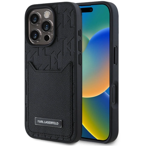 Apple iPhone 16 Pro Max (6.9) Kılıf Karl Lagerfeld Orjinal Lisanslı Kartlıklı Monogram Sıcak Damgalı Elongated Logo Kapak - Siyah