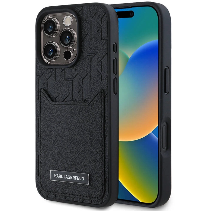 Apple iPhone 16 Pro Max (6.9) Kılıf Karl Lagerfeld Orjinal Lisanslı Kartlıklı Monogram Sıcak Damgalı Elongated Logo Kapak - Siyah