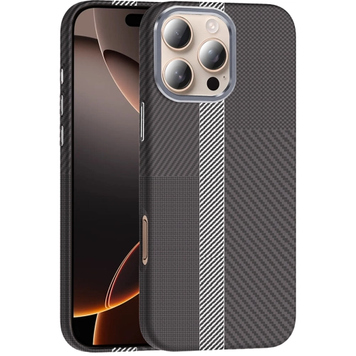Apple iPhone 16 Pro Max (6.9) ile Uyumlu Kılıf MagSafe Şarj Özellikli Karbon Fiber Görünümlü Gros Kapak - Gri-Siyah