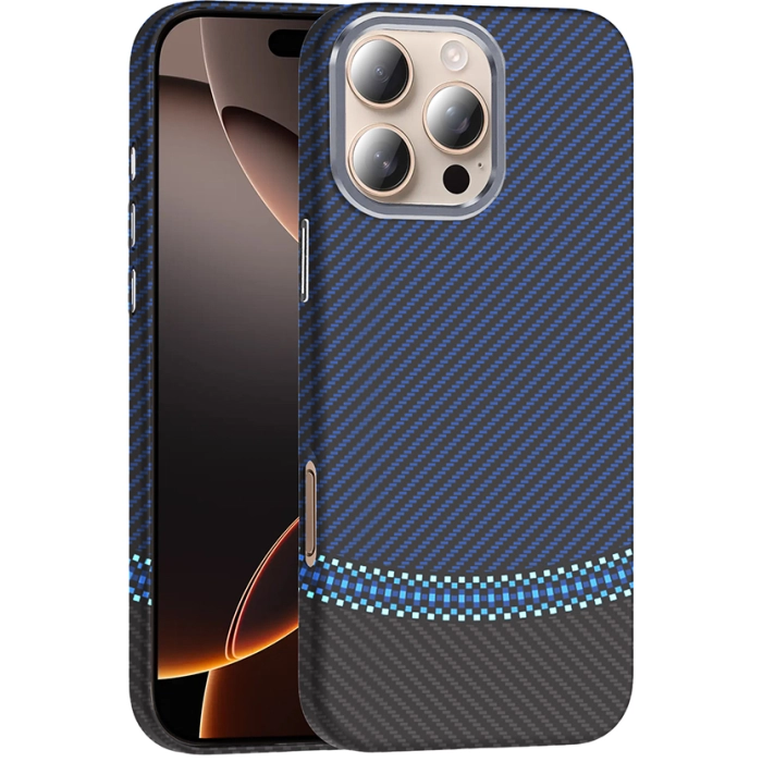 Apple iPhone 16 Pro Max (6.9) ile Uyumlu Kılıf MagSafe Şarj Özellikli Karbon Fiber Görünümlü Gros Kapak - Siyah-Lacivert